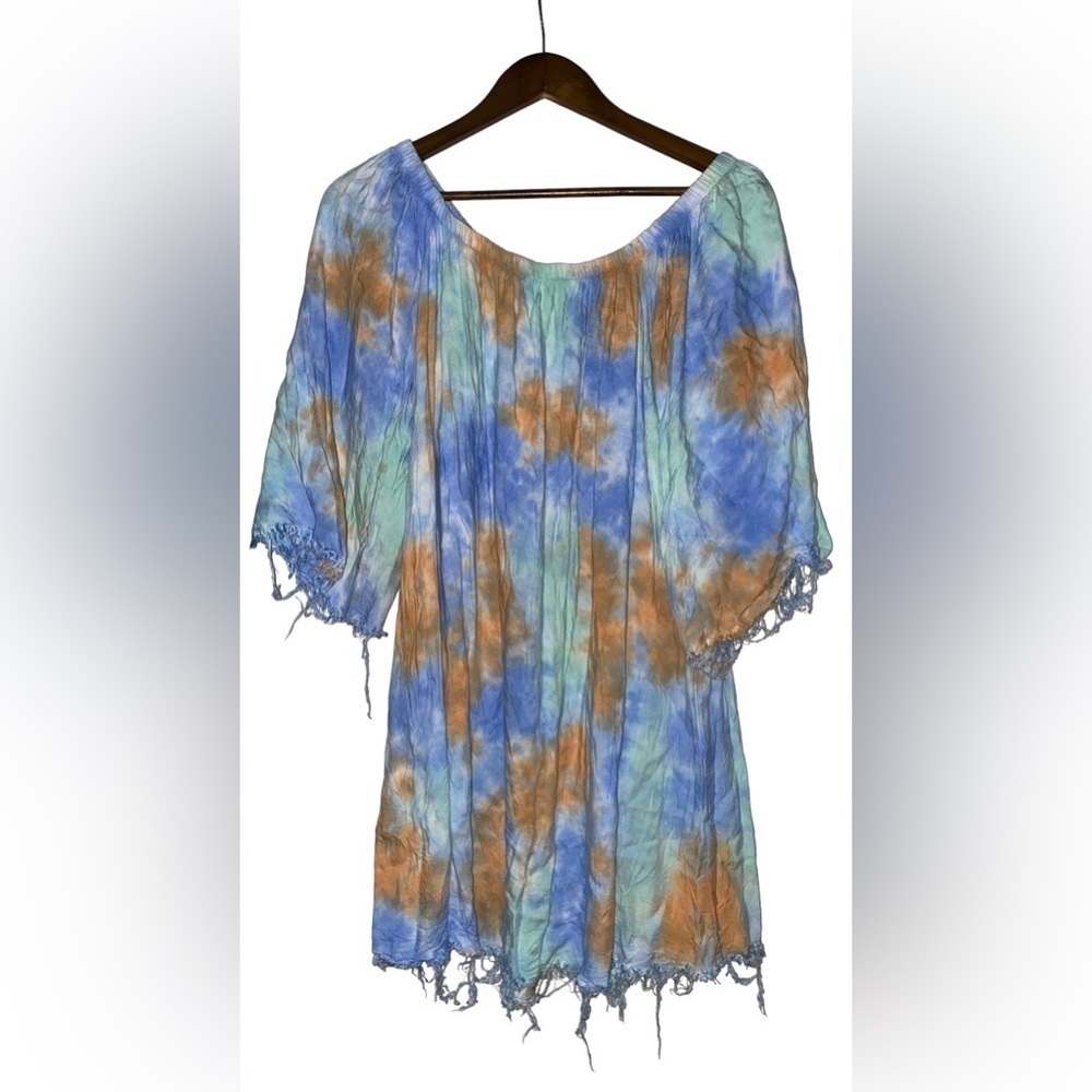 Audrey 3+1 Tie Dye Frayed Hemline Mini Dress Off Shoulder Boho Hippie Women M